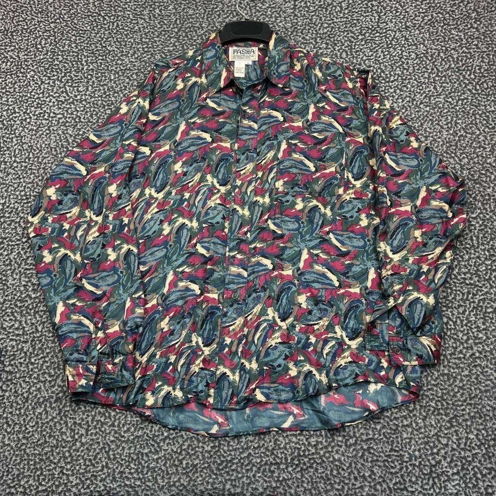 Vintage Pasha Button Up Men Large Red Blue Long Sleeve Collared Abstract Silk L
